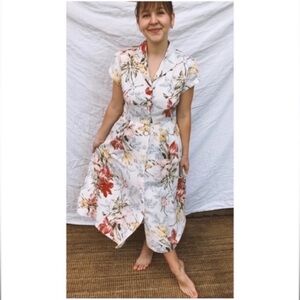 Vintage Floral Linen Midi Dress Cut Out Back